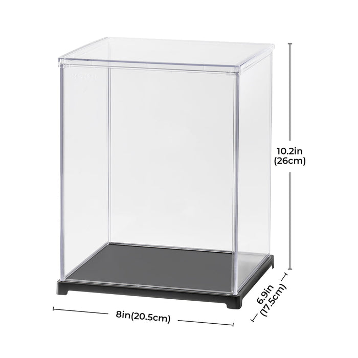 Robotime clear acrylic display case with dimensions 8 by 6 by 10.2 inches labeled for figure doll display