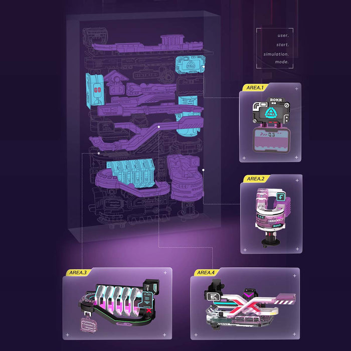 ROKR Future City marble run parts guide shows a purple layout with labeled components.