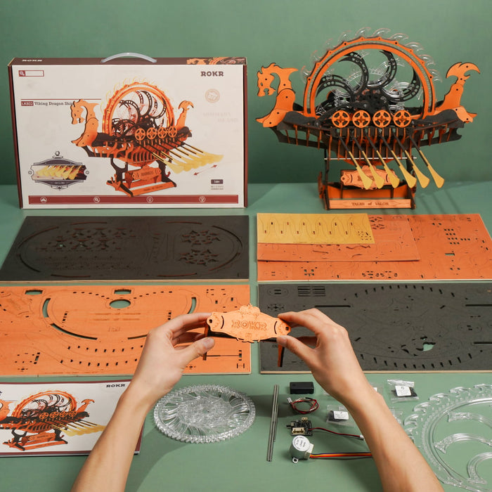 ROKR, Viking Dragon Ship, LK802, 3D wooden ship model puzzle, styled scene