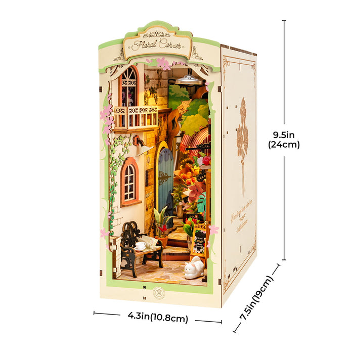 Rolife Floral Corner DIY book nook with dimensions 4.3 by 7.5 by 9.5 inches in white and pink theme