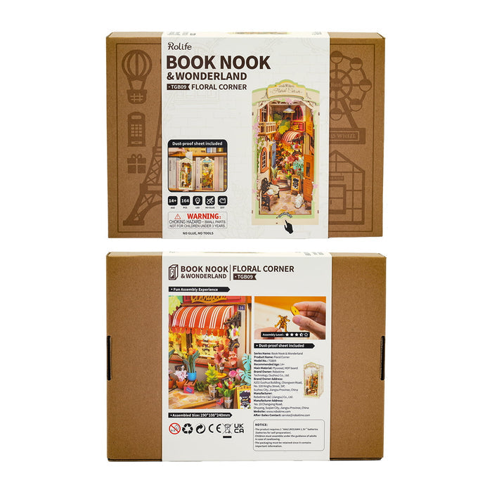 Rolife Book Nook Wonderland Floral Corner retail packaging box showing front cover and back specs panel