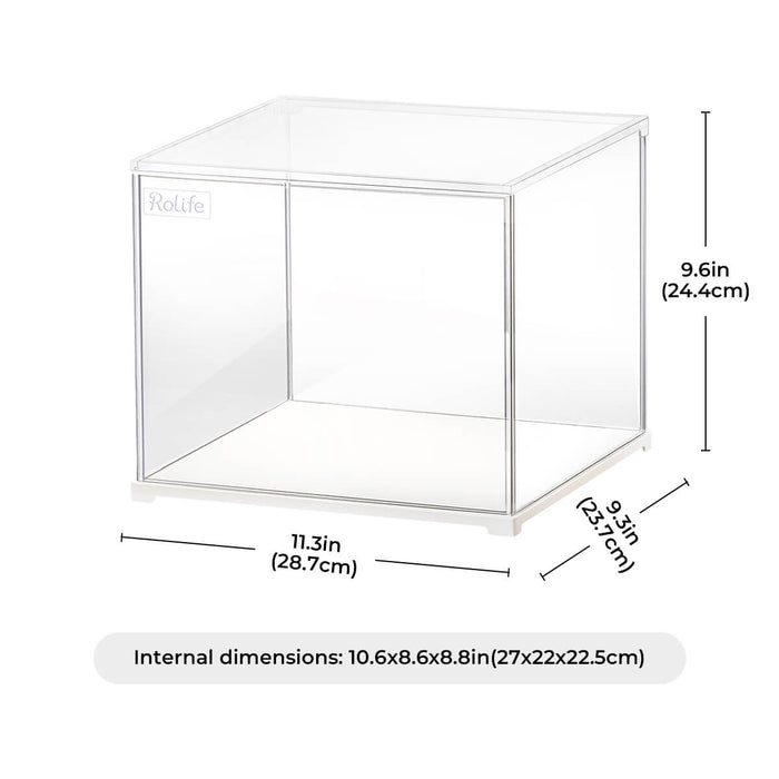 Rolife display box product photo showing clear acrylic case with dimensions 11.3 by 9.3 by 9.6 inches labeled
