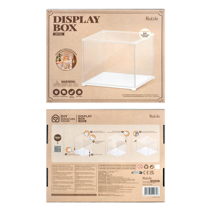 Rolife clear acrylic display box retail packaging showing front cover and back panel with product information
