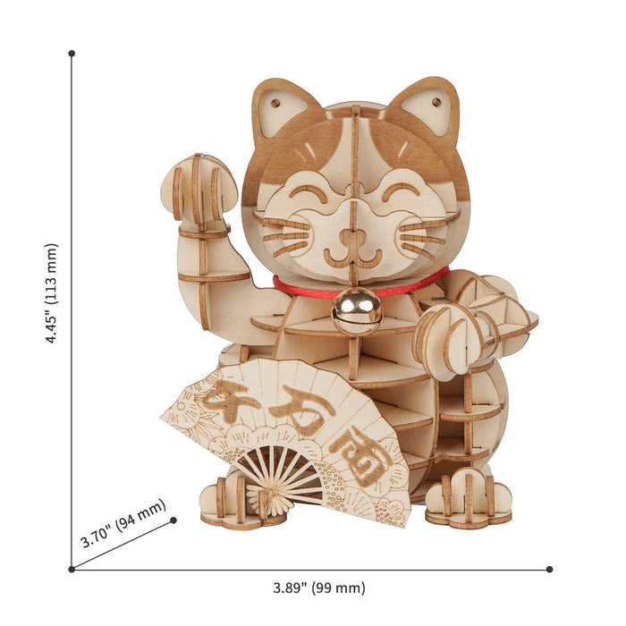 Rolife Plutus Cat TG303 assembled model measuring 3.89 by 3.75 by 4.45 inches with natural wood tones on white background