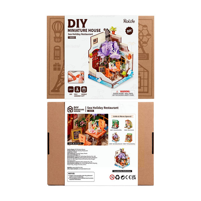 Rolife Sea Holiday Restaurant DIY miniature house retail packaging box front and back panels view