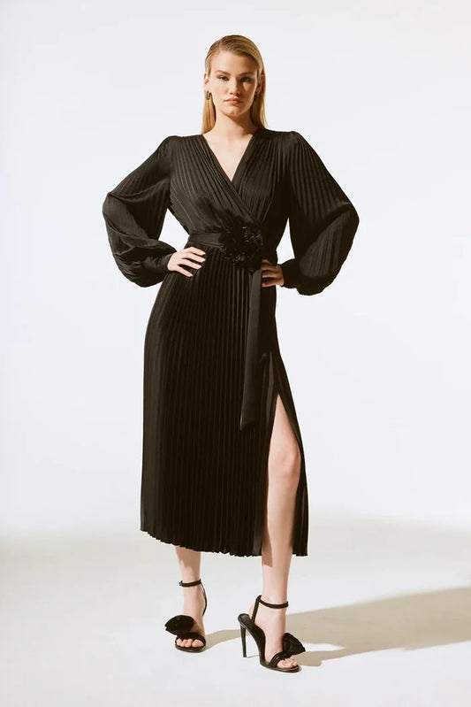 Rosette Pleated Midi Dress