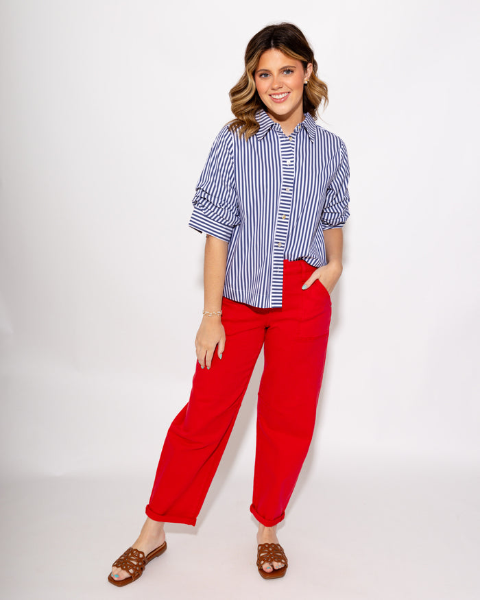 Ruched Sleeve Stripe Top in Navy