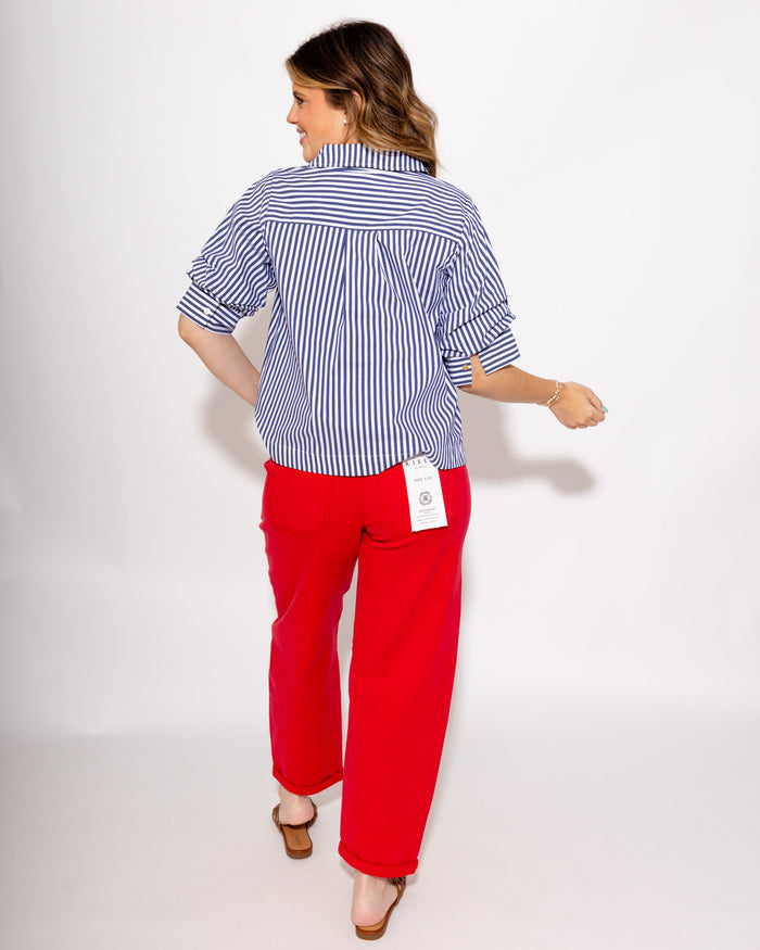 Ruched Sleeve Stripe Top in Navy