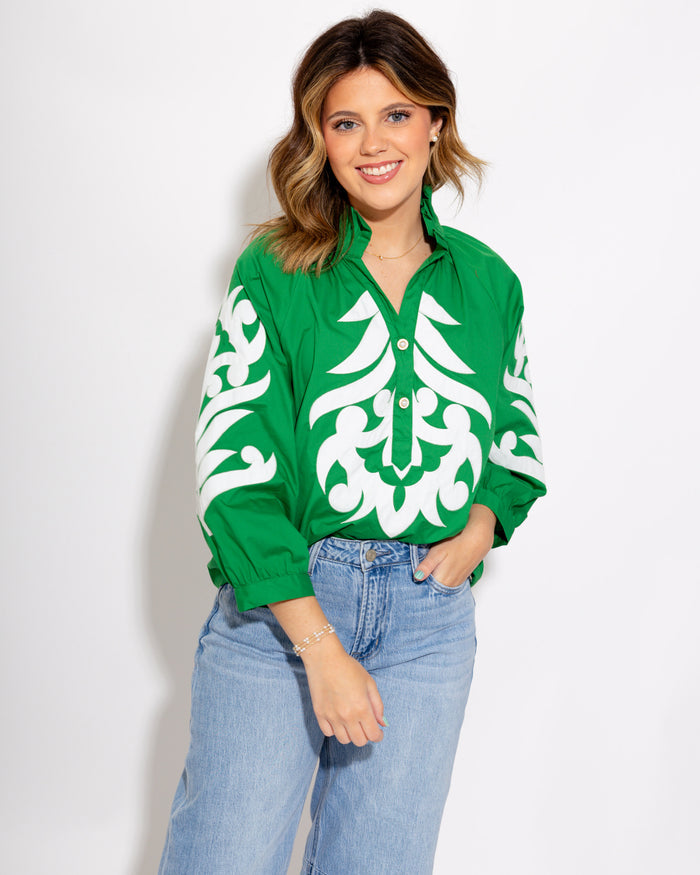 Ruffle Neck Appliqué Top in Green