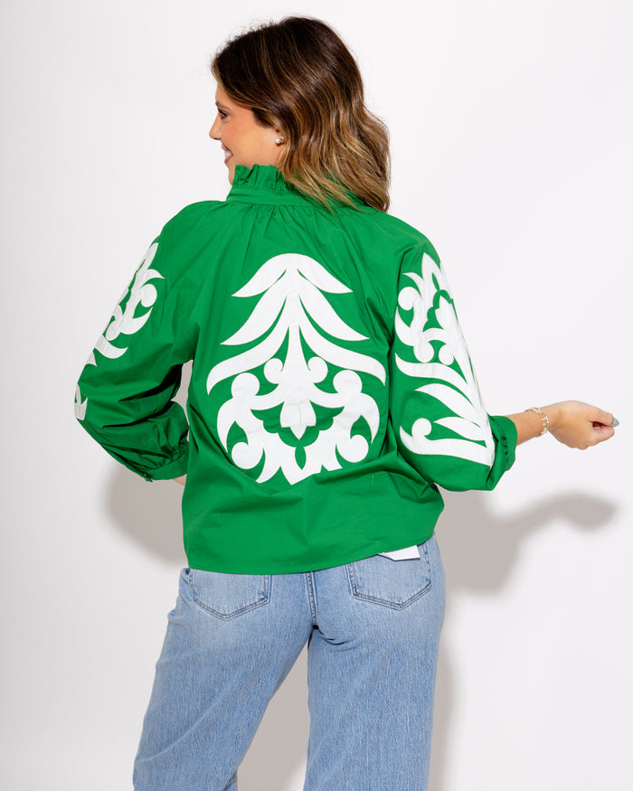 Ruffle Neck Appliqué Top in Green