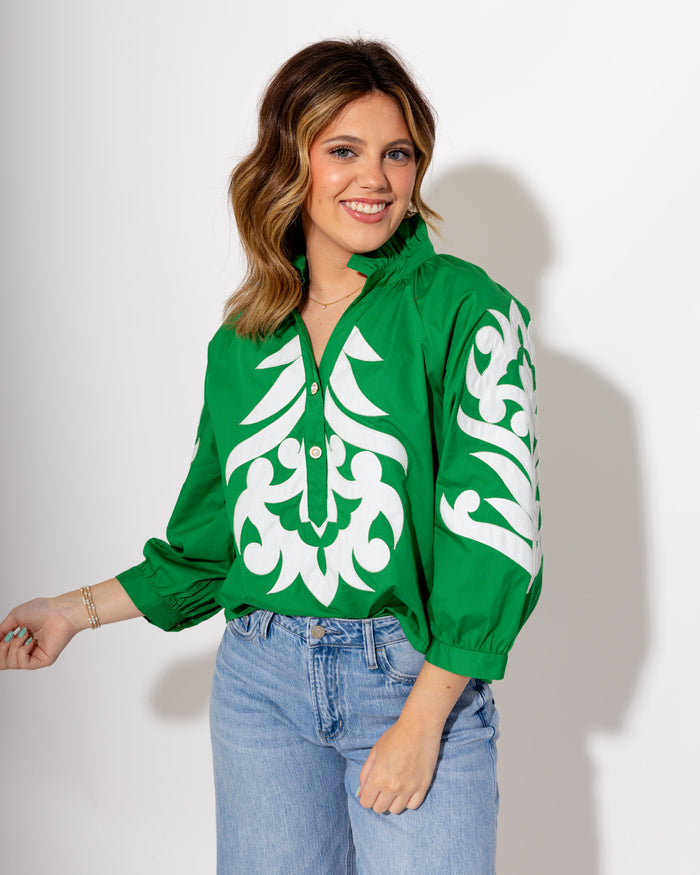 Ruffle Neck Appliqué Top in Green