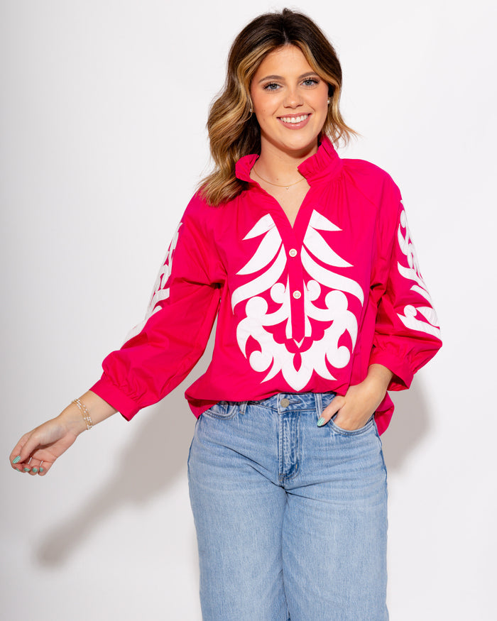 Ruffle Neck Appliqué Top in Pink