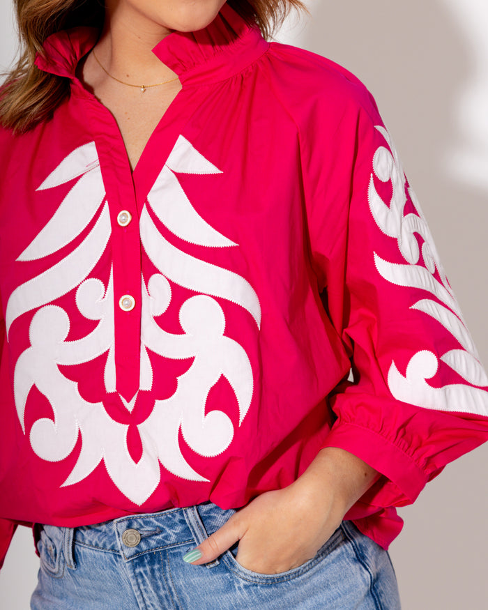 Ruffle Neck Appliqué Top in Pink