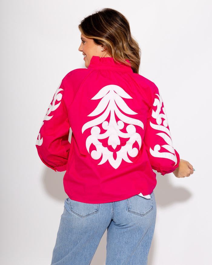 Ruffle Neck Appliqué Top in Pink