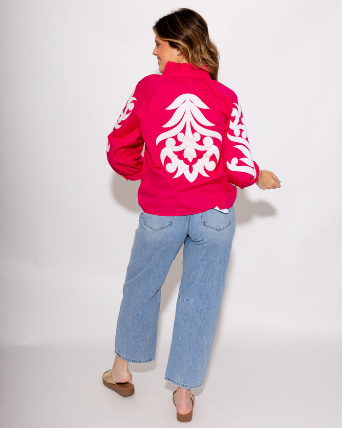 Ruffle Neck Appliqué Top in Pink