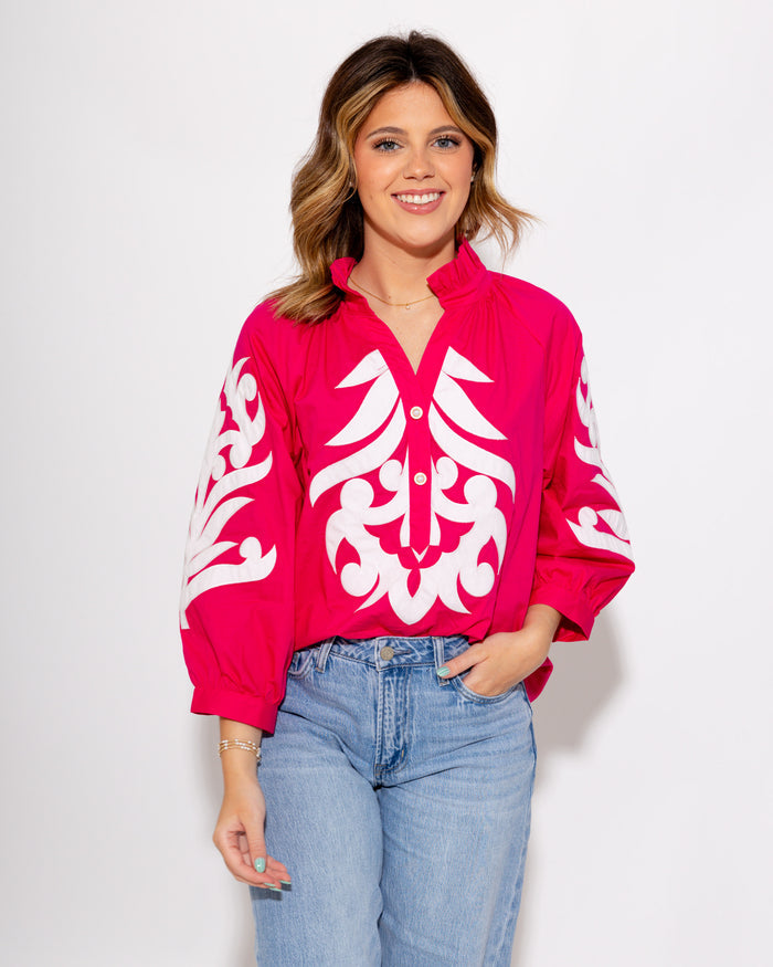 Ruffle Neck Appliqué Top in Pink