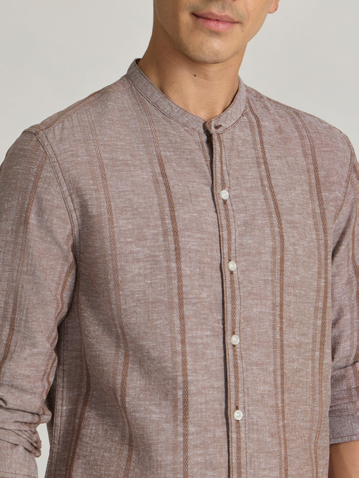 Men's Band Collar Striped Shirt in Brown