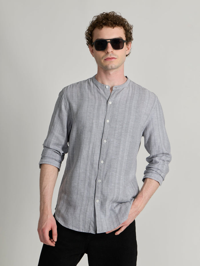 Men's Band Collar Striped Shirt in gray