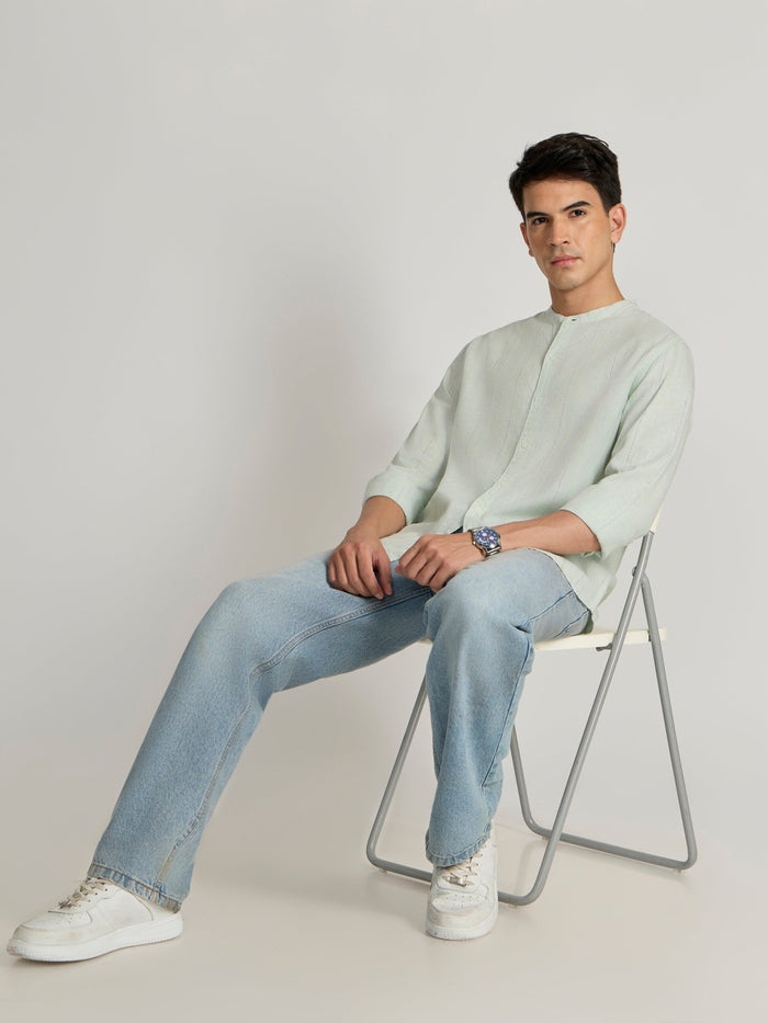 Men's Band Collar Striped Shirt in light green