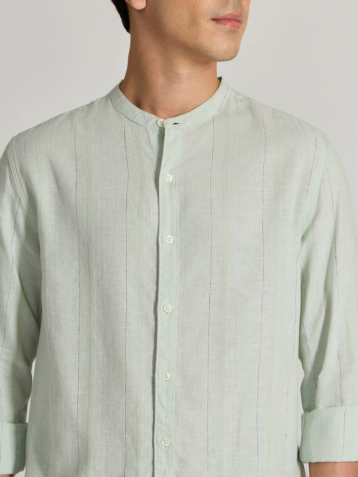 Men's Band Collar Striped Shirt in light green