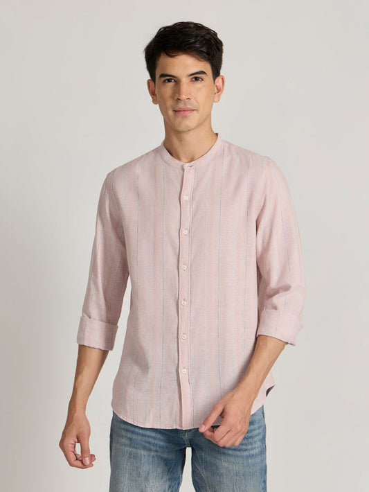 Men's Band Collar Striped Shirt in light pink