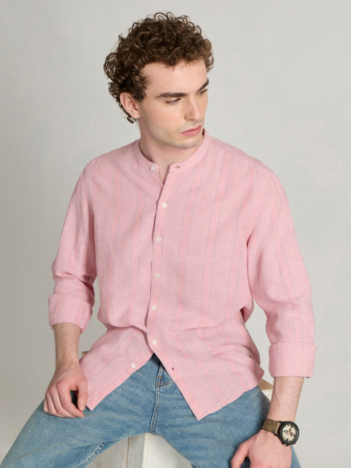 Men's Band Collar Striped Shirt in pink