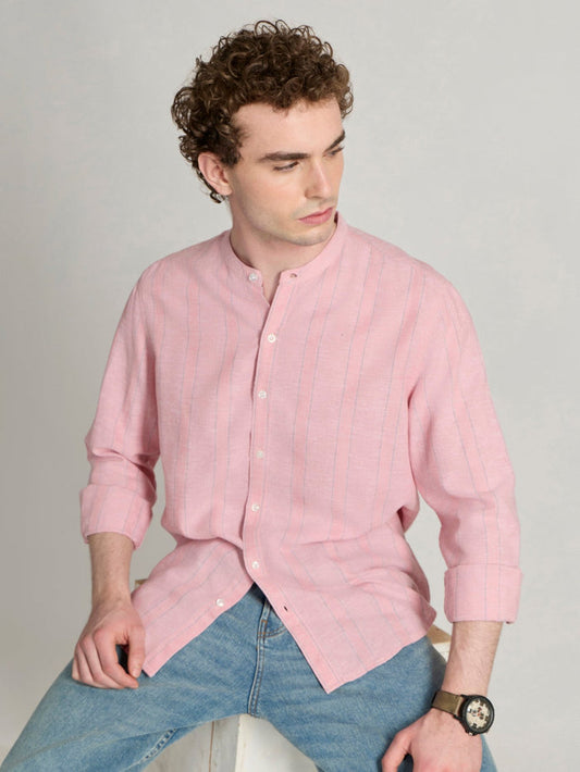 Men's Band Collar Striped Shirt in pink