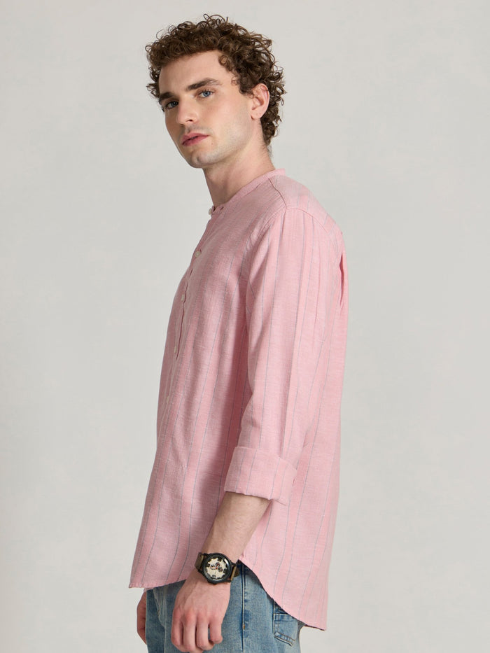 Men's Band Collar Striped Shirt in pink