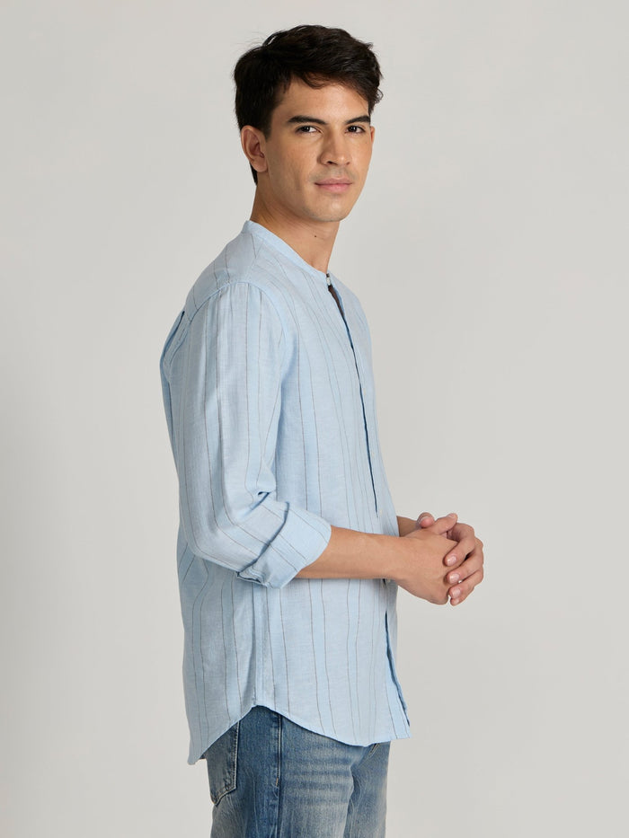 Men's Band Collar Striped Shirt in sky blue