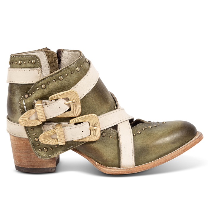 FREEBIRD women's Samantha green bootie with stud detailing, contrasting straps with gold hardware, and inside zip closure