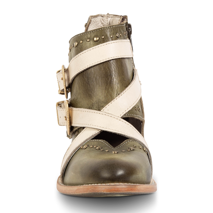 Front view showing contrasting leather straps and stud detailing on FREEBIRD women's Samantha green low heeled bootie