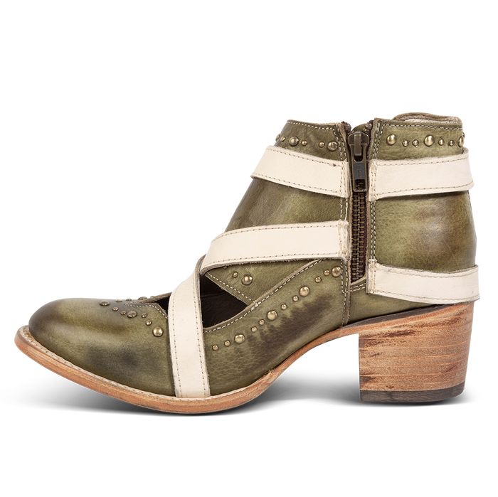 Side view showing low heel and working brass zip closure on FREEBIRD women's Samantha green bootie