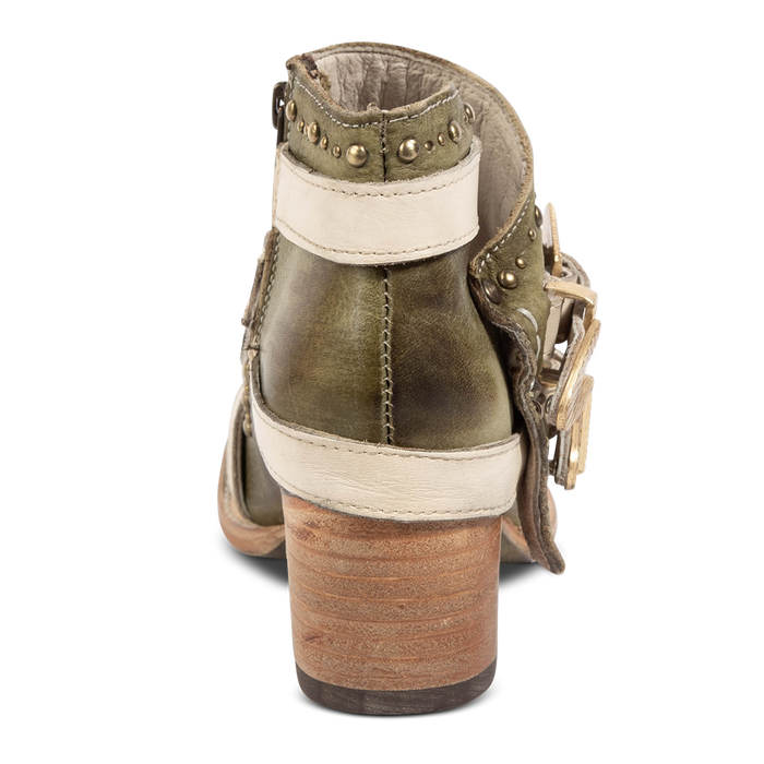 Back view showing low shaft, contrasting leather straps and stud detailing on FREEBIRD women's Samantha green bootie