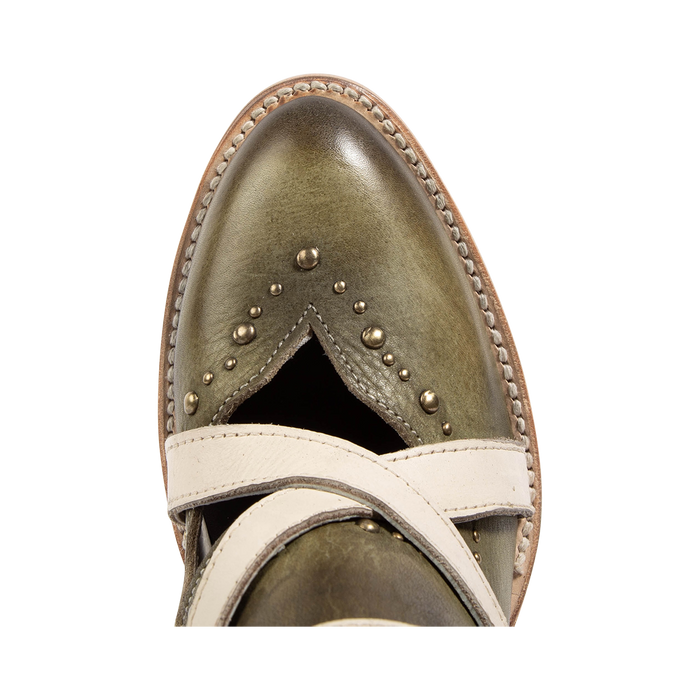 Top view showing almond toe construction with stud detailing and contrasting leather foot straps on FREEBIRD women's Samantha green bootie