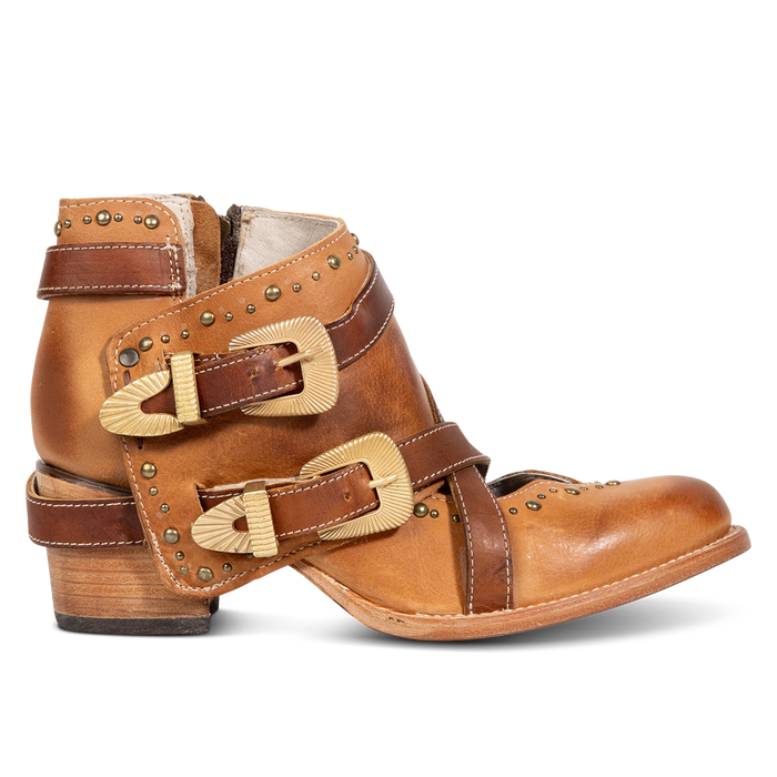 FREEBIRD women's Samantha honey bootie with stud detailing, contrasting straps with gold hardware, and inside zip closure