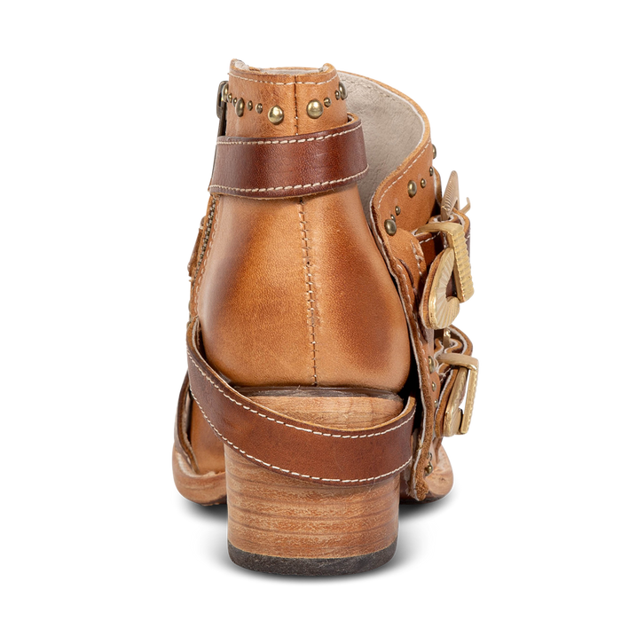 Back view showing low shaft, contrasting leather straps and stud detailing on FREEBIRD women's Samantha honey bootie
