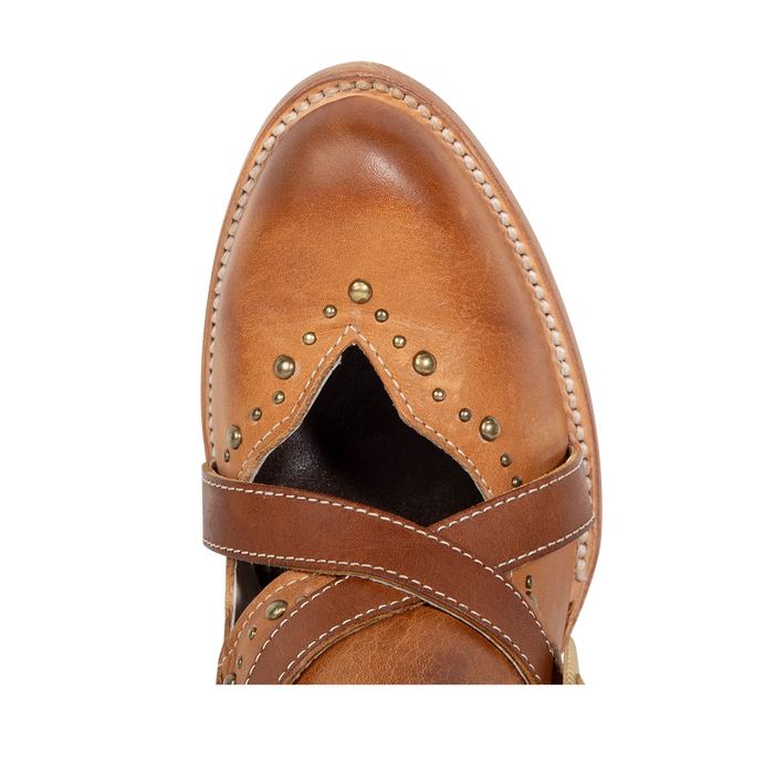 Top view showing almond toe construction with stud detailing and contrasting leather foot straps on FREEBIRD women's Samantha honey bootie