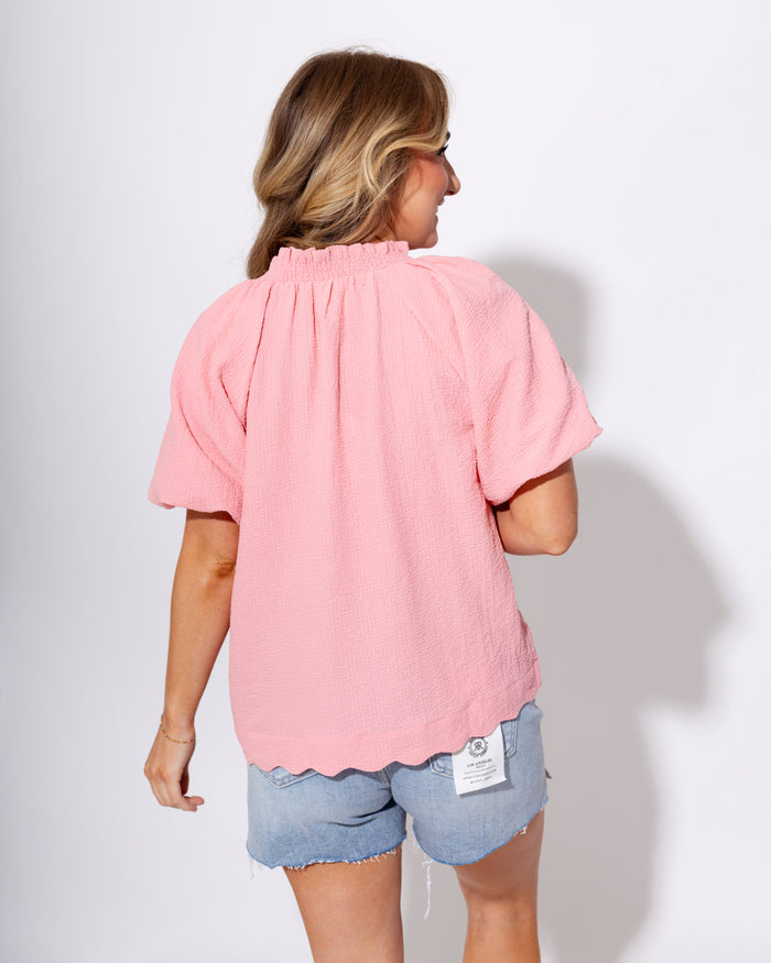 Scalloped Charm Puff Sleeve Top in Rose