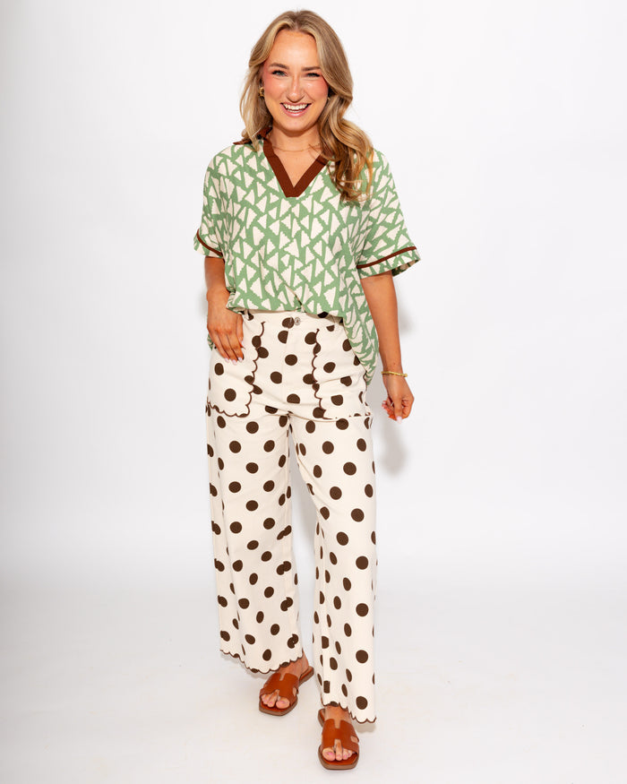 Scalloped Polka Dot Pants in Brown