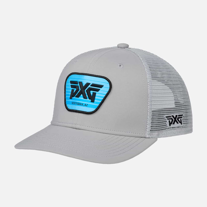 Scottsdale Trucker Snapback Hat in Grey/Blue Logo, back view