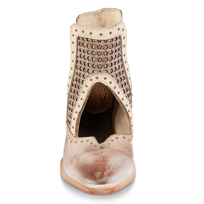 Front view showing instep cutout, silver stud detailing, and star/moon laser cut leather on FREEBIRD women's Sharona blush bootie