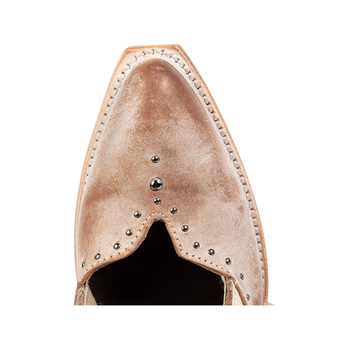 Top view showing silver stud detailing and pointed toe construction on FREEBIRD women's Sharona blush bootie