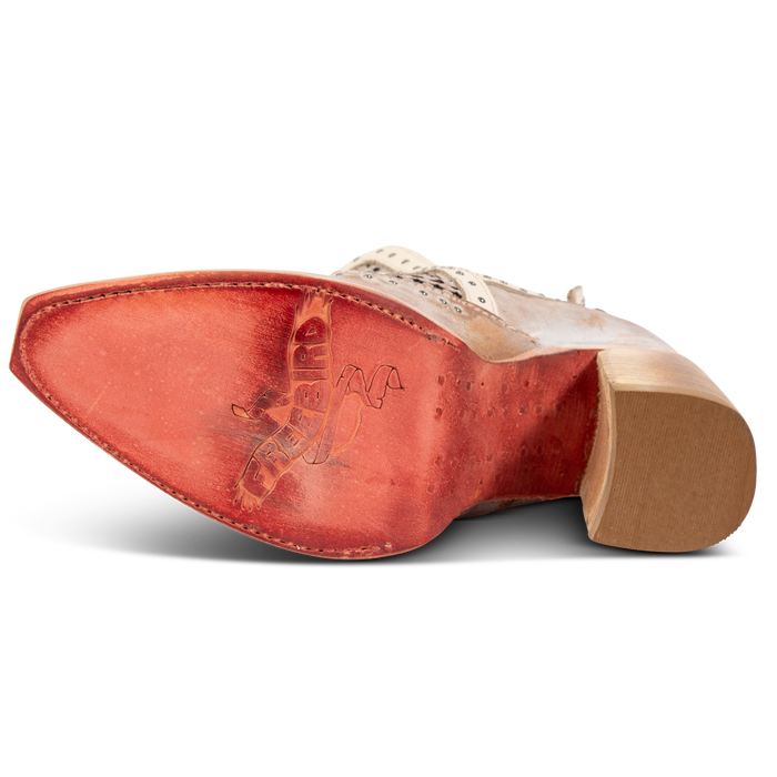 Leather sole imprinted with FREEBIRD on women's Sharona blush bootie