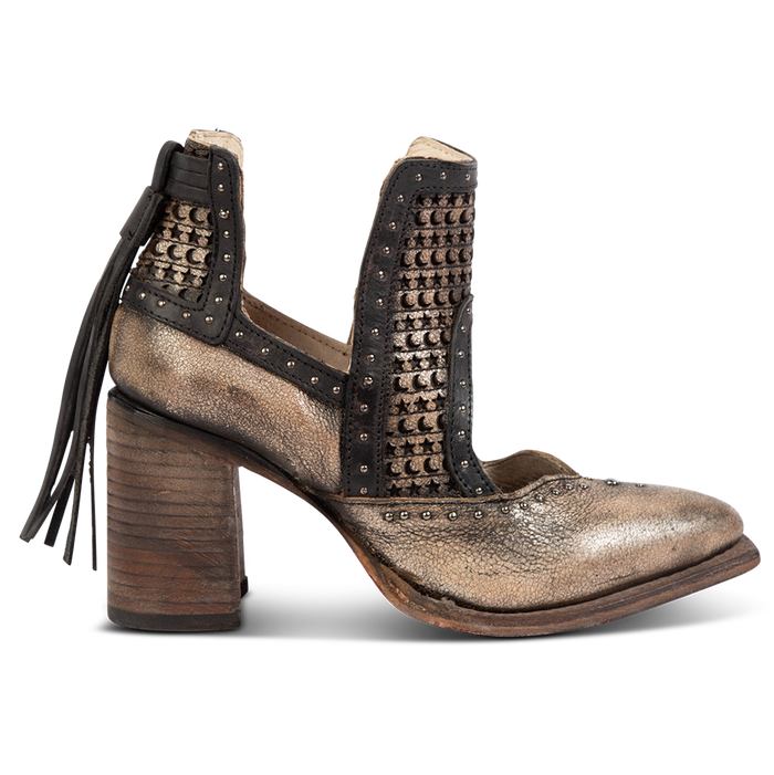 FREEBIRD women's Sharona pewter laser cut bootie with wrapped heel and heel tassel detailing