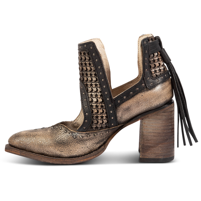 Side view showing ankle cutout, silver studs, and wrapped heel on FREEBIRD women's Sharona pewter bootie