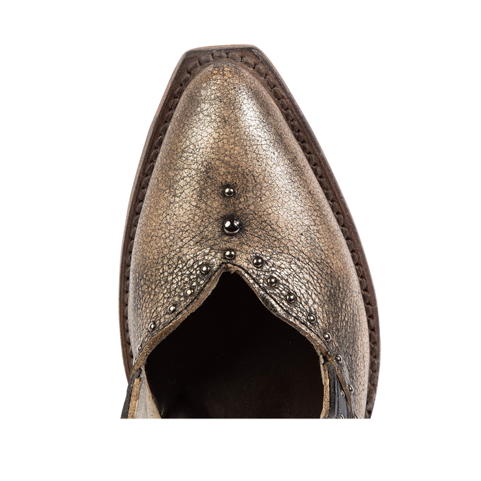 Top view showing silver stud detailing and pointed toe construction on FREEBIRD women's Sharona pewter bootie