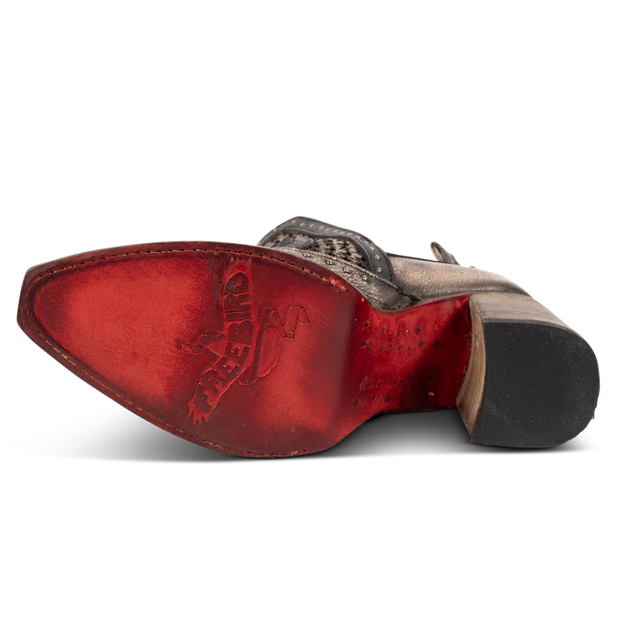 Leather sole imprinted with FREEBIRD on women's Sharona pewter bootie