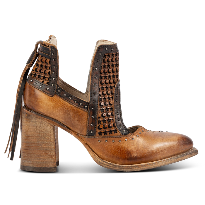 FREEBIRD women's Sharona tan laser cut bootie with wrapped heel and heel tassel detailing