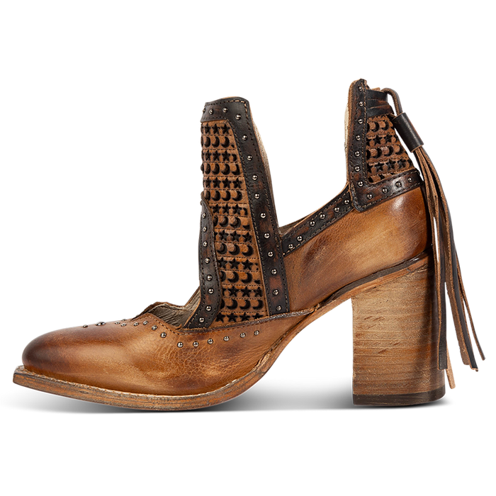 Side view showing ankle cutout, silver studs, and wrapped heel on FREEBIRD women's Sharona tan bootie