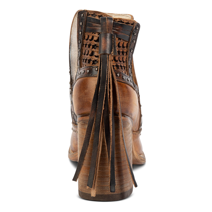 Back view showing wrapped heel and leather heel tassel detailing on FREEBIRD women's Sharona tan bootie